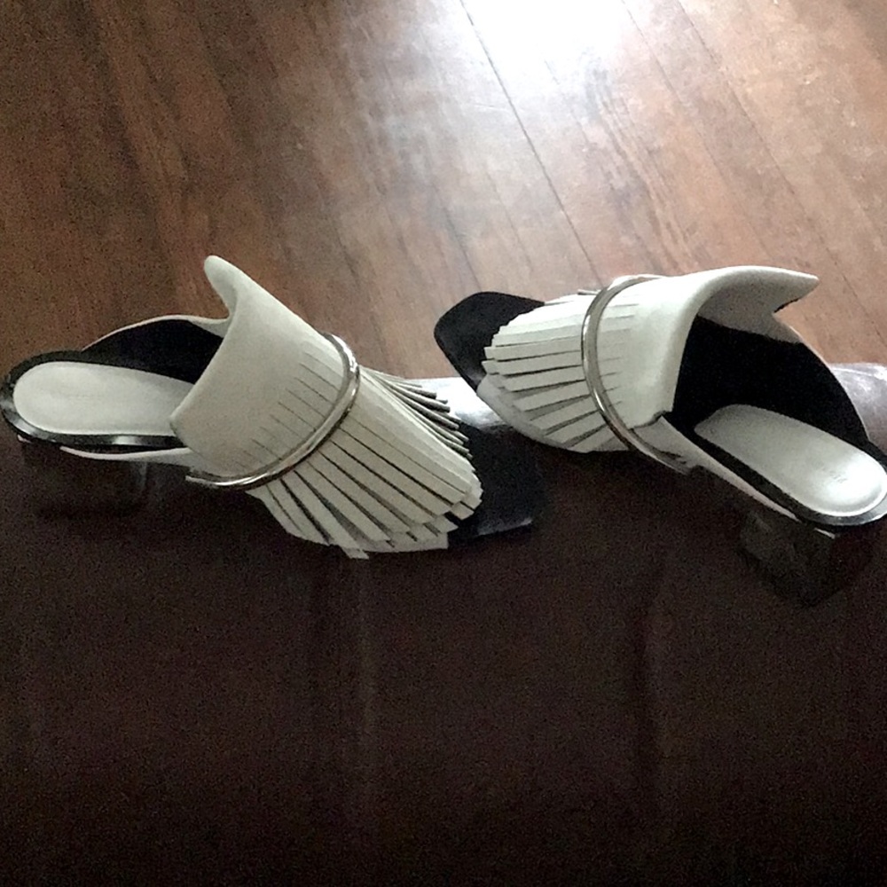 Amazing leather, silver block heels mules.